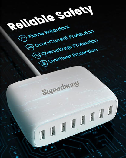 USB Charger Station, SUPERDANNY 8-Port Desktop Charging Station for Multiple Devices, Compatible with iPhone 11/X/Xs/Max/XR/SE/8/Plus, iPad Pro/Air/Mini, AirPods, Galaxy S10 Note, LG, and More, White