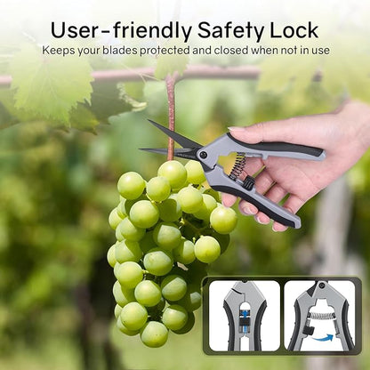 6.5" Ultra Sharp Pruning Shears - Professional Garden Scissors with Curved Stainless Steel Blades, Ergonomic Handle, Rust Resistant, Safety Lock, Trimming Scissors for Plants in Grow Tents,1-Pack