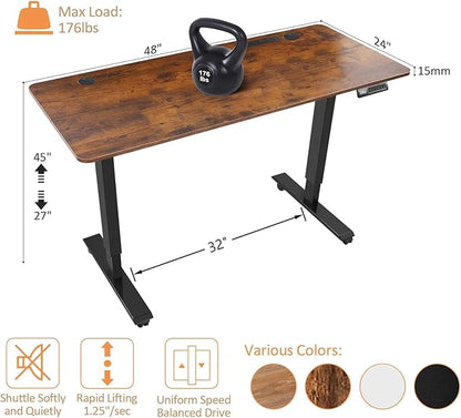 Electric Standing Desk 48 x 24 Inches Adjustable Height Sit Stand Up Desk for Home Office Computer Workstation with 2 USB Ports 3 AC Power Outlets Memory Preset and Wheels, Brown