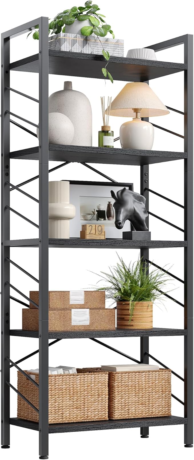 5 Tier Bookshelf, Industrial Tall Bookcase, Modern Display Shelves with Metal Frame and Sidebars for Bedroom, Living Room and Home Office, Black