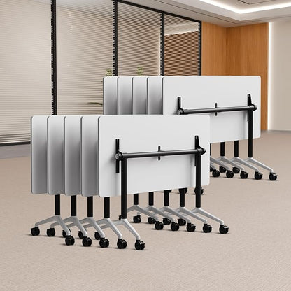 Folding Conference Table, Conference Room Tables Foldable Large Meeting Seminar Table on Wheels,Flip Top Boardroom Training Tables for Office, Classroom,Meeting (10, White2, 55.1in)