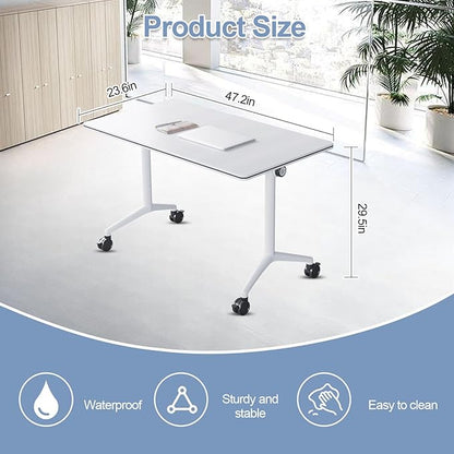 Conference Table, Foldable Conference Room Tables with Silent Wheels, Folding Modular Seminar Meeting Tables, Modern Rectangle Training Table for Office, Boardroom (6, White, 47.2)