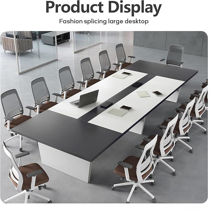 10FT Conference Table, Large Rectangular Seminar Meeting Table, Modern Conference Room Table with Cable Management & 2" Thickened DeskTop for Office Meeting (White + Grey, 118"L * 51"W * 30"H)