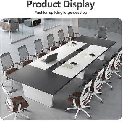 10FT Conference Table, Large Rectangular Seminar Meeting Table, Modern Conference Room Table with Cable Management & 2" Thickened DeskTop for Office Meeting (White + Grey, 118"L * 51"W * 30"H)