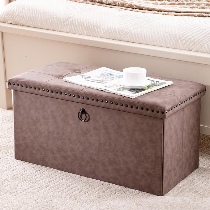 30 Inches Storage Ottoman Bench, Foldable Foot Rest with Rivet Design, 15 x 30 x 15 Inches, End of Bed Bench Footstool, Storage Chest, Load up to 330 lb, for Living Room, Bedroom, Entryway, Oak Brown