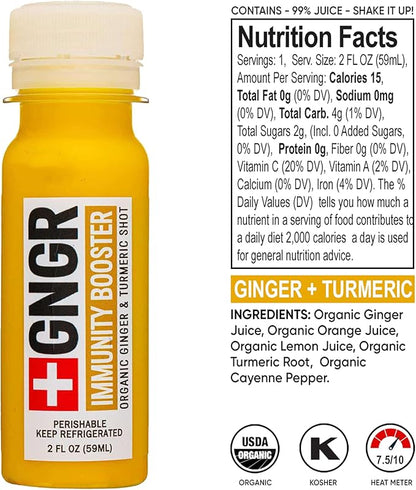 +GNGR Immunity Booster Organic Ginger and Turmeric Shot - Cold Pressed Ginger Shots with Turmeric, Cayenne Pepper, Orange, Lemon for All Natural Immune & Digestive Support 2 fl oz (Pack of 12)
