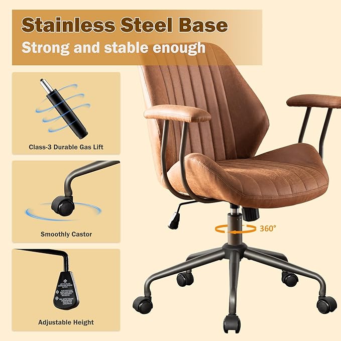Home Office Desk Chair Adjustable Height, Ergonomic Executive Office Chair with Armrests, Rolling Comfy Desk Chair with Lumbar Support, Mid Century Modern Suede Leather, Brown