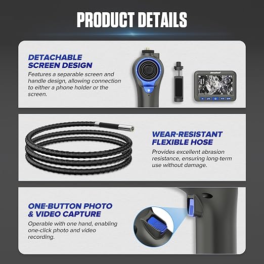 4-Way 360° Articulating Borescope with 6 Light, Endoscope Camera with 6.2mm Probe, 8X Zoom 5.0FT Semi-Rigid Cable Inspection Camera for Automotive Engine Pipe HVAC