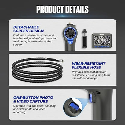 4-Way 360° Articulating Borescope with 6 Light, Endoscope Camera with 6.2mm Probe, 8X Zoom 5.0FT Semi-Rigid Cable Inspection Camera for Automotive Engine Pipe HVAC