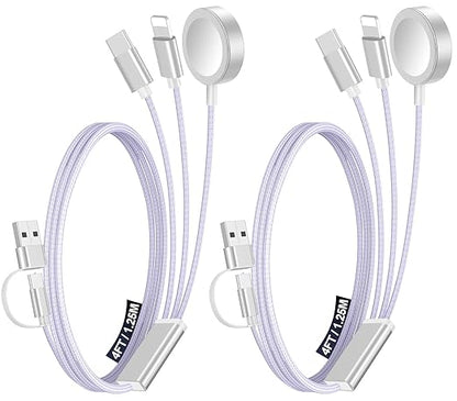 2 Pack Multi Charging Cable Cord for Travel Essentials,Apple Watch Charger,iPhone Charger,[3-in-2] Type C/L Cable Portable Designed for iWatch,iPhone 17-8,Galaxy S25-21,AirPods,iPad-4FT Purple