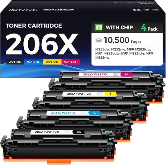 206X Toner Cartridge Set 4-Pack Printer High Yield Replacement for HP 206X W2110X W2111X W2112X W2113X Compatible for HP Color LaserJet Pro MFP M283cdw M283fdn M283fdw M282nw M255dw M255nw Ink Black