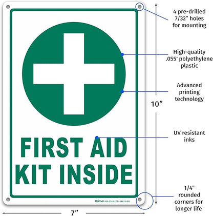 Brimar - 7" x 10" - First Aid Kit Inside Sign - Polyethylene Plastic - Bold Text And Symbol - Easy Installation