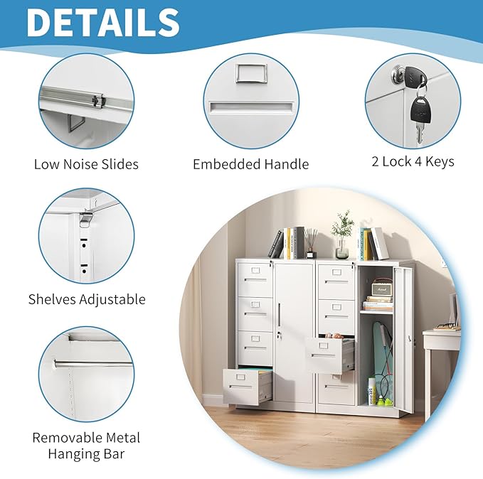 4 Drawer File Cabinet with Lock and 1 Door, Metal Vertical Filing Cabinets for Home Office, Steel Storage Cabinet for Hanging Legal/Letter Size Files, Assembly Required(White)