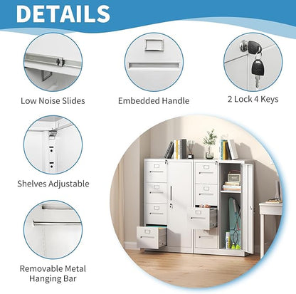 4 Drawer File Cabinet with Lock and 1 Door, Metal Vertical Filing Cabinets for Home Office, Steel Storage Cabinet for Hanging Legal/Letter Size Files, Assembly Required(White)