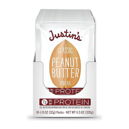 JUSTIN'S Classic Gluten-Free Peanut Butter Spread Squeeze Packs, 1.15 Ounce (10 Pack)