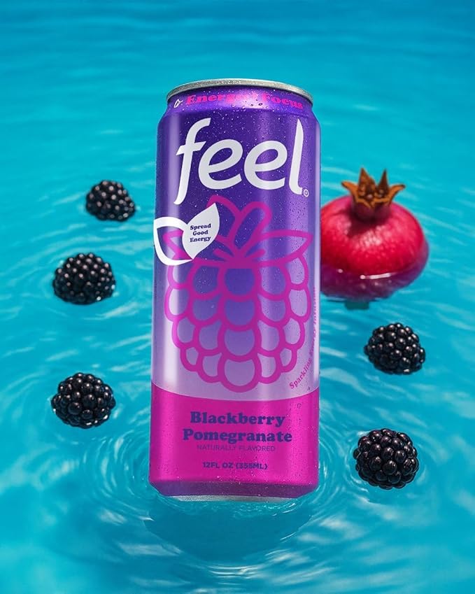 FEEL Zero Sugar Natural Energy Drink – Blackberry Pomegranate, 140mg Plant-Based Caffeine with L-Theanine for Focus, Vitamin C for Immunity, Vegan, Non-GMO, No Artificial Sweeteners, 12 Fl Oz Cans (12-Pack)