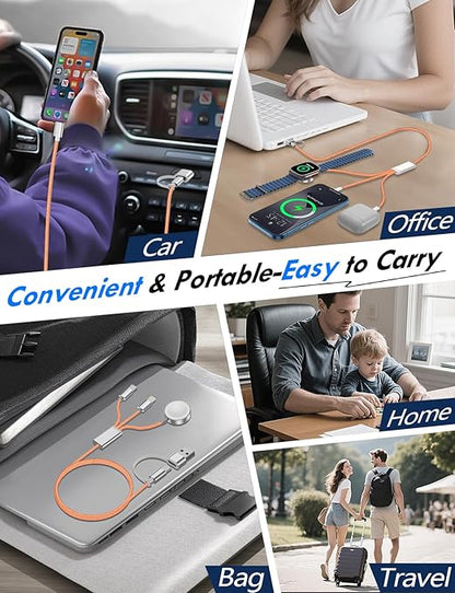 1Pack Multi Charging Cable Cord for Travel Essentials,Apple Watch Charger,iPhone Charger,[3-in-2] Type C/Lightning Cable Portable Designed for iWatch,iPhone 17-8,Galaxy S25-21,AirPods,iPad-4FT Orange