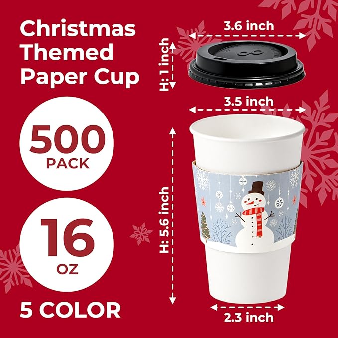 Fit Meal Prep 500 Pack 16 oz Christmas Disposable Coffee Cups with Lids, Sleeves, Leak-Proof To Go Coffee Cups with Lids, Durable Holiday Paper Cups for Hot Beverage, Home, Office, Party