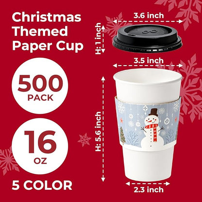 Fit Meal Prep 500 Pack 16 oz Christmas Disposable Coffee Cups with Lids, Sleeves, Leak-Proof To Go Coffee Cups with Lids, Durable Holiday Paper Cups for Hot Beverage, Home, Office, Party