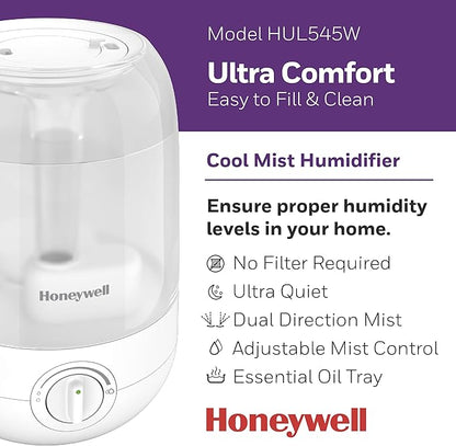 Honeywell Ultra Comfort Cool Mist Humidifier, 1 Gal Tank, No Filter, Easy to Fill and Clean, Cleaning Brush Included, Ultra Quiet, Use With Essential Oils, White, HUL545W