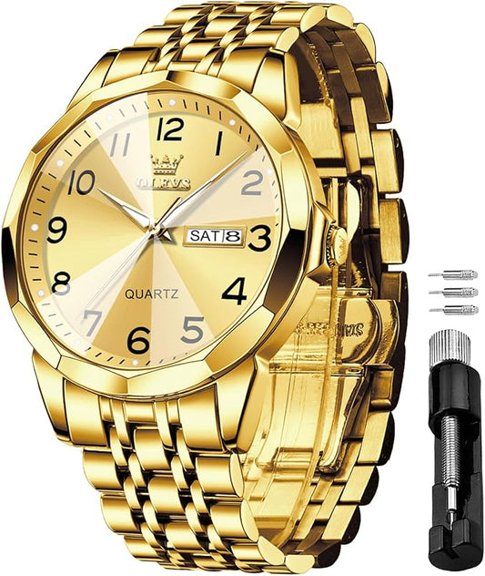 OLEVS Watch for Men Luxury Dress Analog Quartz Stainless Steel Waterproof Luminous Date Diamond Business Two Tone Casual Wrist Watch