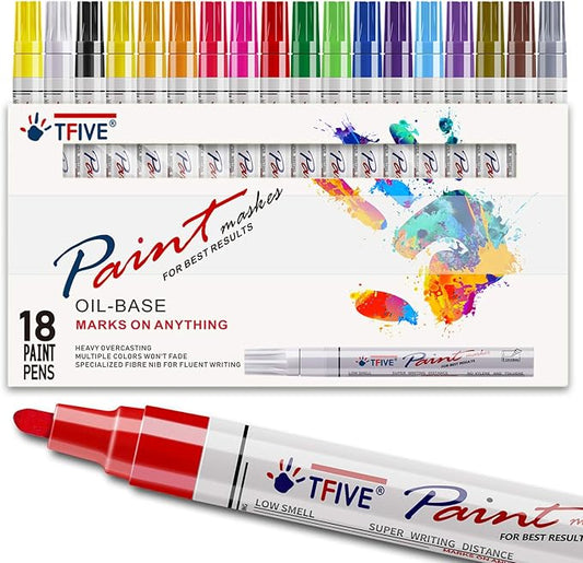 TFIVE Paint Pens Paint Markers Never Fade Quick Dry and Permanent,18 Color Oil-Based Waterproof Marker Pen Set for Rock Painting, Stone, Ceramic, Wood, Fabric, Plastic, Canvas, Glass, Mugs