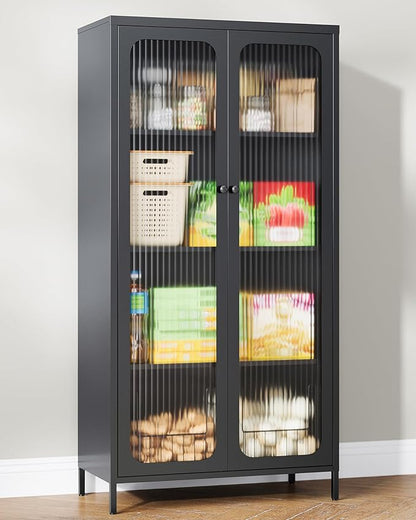 63'' Kitchen Pantry Storage Cabinet, Metal Display Cabinet with Glass Door and 3 Adjustable Shelves, Kitchen Hutch Storage Cabinet for Dining Room, Living Room, Assemble Required (Black)