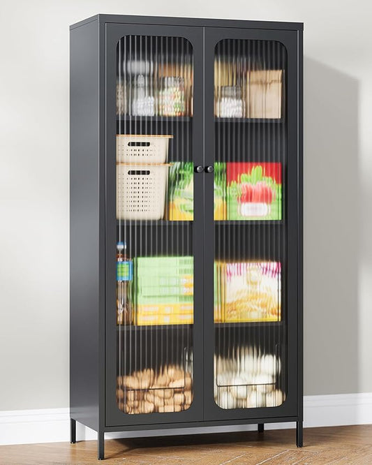 63'' Kitchen Pantry Storage Cabinet, Metal Display Cabinet with Glass Door and 3 Adjustable Shelves, Kitchen Hutch Storage Cabinet for Dining Room, Living Room, Assemble Required (Black)