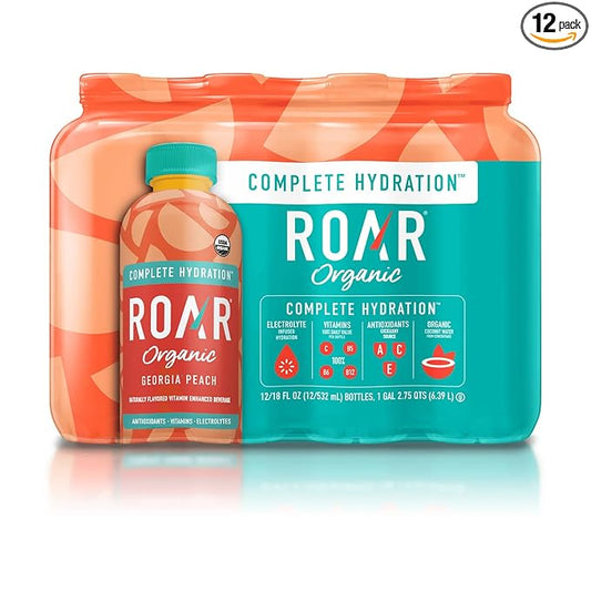 ROAR Complete Hydration Organic - Electrolyte Drinks Loaded with Vitamins C, B5, B12 - Non-GMO, Gluten-Free - Georgia Peach - 12 pc