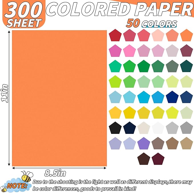 300 Pcs Colored Cardstock Bulk 50 Assorted Colors, 8.5” x 11” Cardstock Paper Construction Paper,180GSM Card Stock Printer Scrapbooking Supplies for Diy Crafts Making