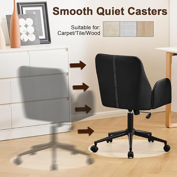 Furniliving Home Office Desk Chair, Ergonomic Leather Office Chair with Wheels, Comfortable Rolling Task Chair Adjustable Height, Black