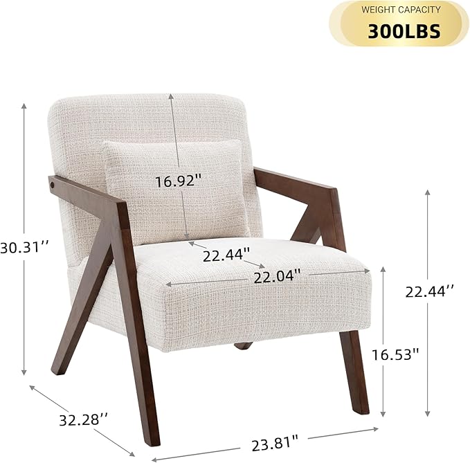 Mid Century Modern Accent Chair with Solid Wood Frame，Upholstered Chenille Living Room Arm Chairs with Pillow for Bedroom, Living Room, Reading Room, Balcony (2, Beige)