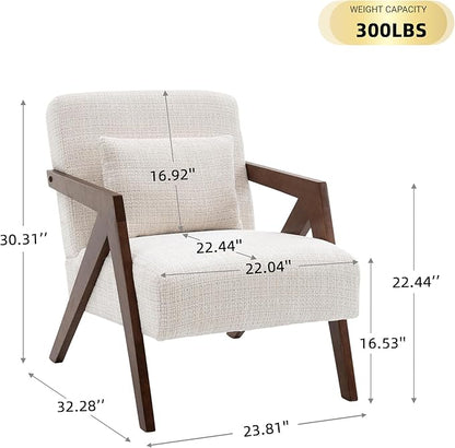 Mid Century Modern Accent Chair with Solid Wood Frame，Upholstered Chenille Living Room Arm Chairs with Pillow for Bedroom, Living Room, Reading Room, Balcony (1, Beige)