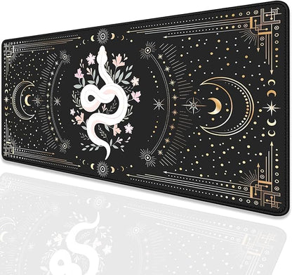 Mysterious Starry Sky Moon and White Snake Pattern Large Extended Gaming Mouse Pad E-Sports Office Desk Mat Keyboard Pad Rubber Non-Slip Computer Mouse Mat Suitable for Home Office Work(27.5X11.8 in)