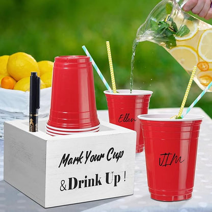 Wooden Cup Holder - Party Cup Holder with Marker Slot, Cup Holder for Party and Wedding, Rustic Disposable for Bar, Kitchen, Countertop, Home & Office, White