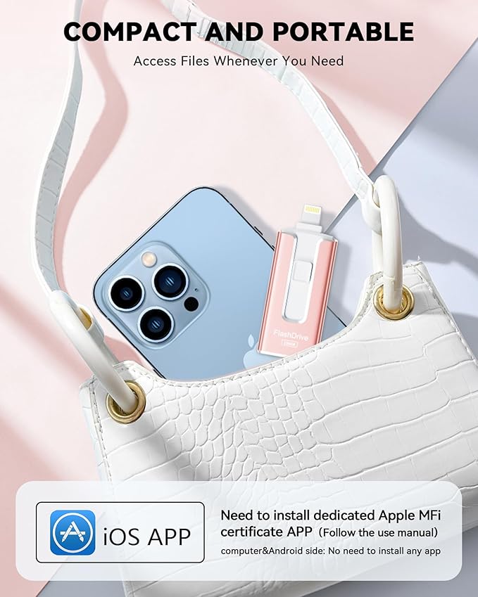 MFi Certified Flash Drive for iPhone iPad 512GB, Photo Stick for External Memory Storage, Easily Back Up and Save Photos Videos, USB Memory Stick Thumb Drive for iPhone/iPad/Android/PC (Rose Pink)