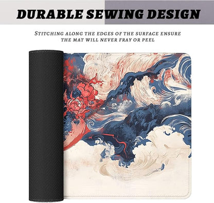 Japanese Skull Desk Mat Watercolor Wave Ocean Art Extended Gaming Mouse Pad Mat with Stitched Edge Non-Slip Base Big Mousepad 31.5"x11.8"