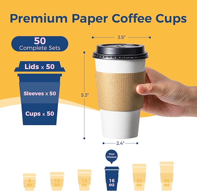 Fit Meal Prep 50 Pack 16 oz Disposable Coffee Cups with Lids, Sleeves, Leak-Proof To Go Coffee Cups with Lids, Durable Paper Cups for Hot Beverage, Home, Office, Party