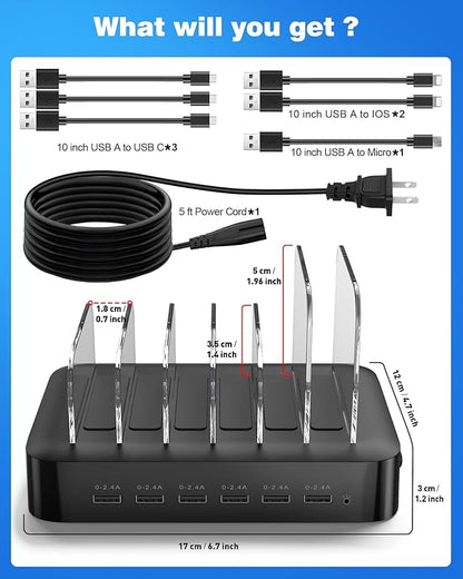 MSTJRY Charging Station for Multiple Devices : 6 Port USB Charger Stations - Family Multi-Device Organizer Charging Dock - Designed for iPhone iPad Android Cell Phone Tablet and Electronic, Black