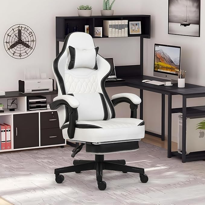 Gaming Chair, Computer Gaming Chairs with Footrest, Linkage Armrests and Lumbar Support, High Back Ergonomic Office Chair for Adults, Big and Tall Desk Chair(WhiteBlack)