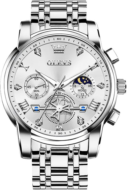 OLEVS Men Watches Stainless Steel Chronograph Watch, Large Wrist Analog Quartz Watch, Fashion Waterproof Diamond Roman Numerals Dress Watches for Men, Gold/Black/White/Blue/Grey Dial