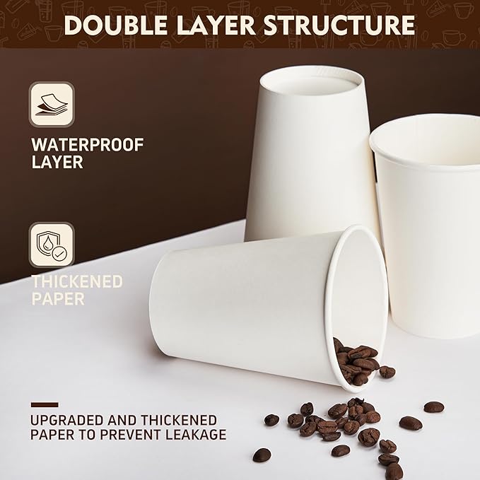 YEEHAW 8 oz 500 Pack Disposable Paper Coffee Cups, White Hot Drinking Cups for Hot Coffee, Hot Liquid, Ideal for Cafes, Bistros, Businesses and Family