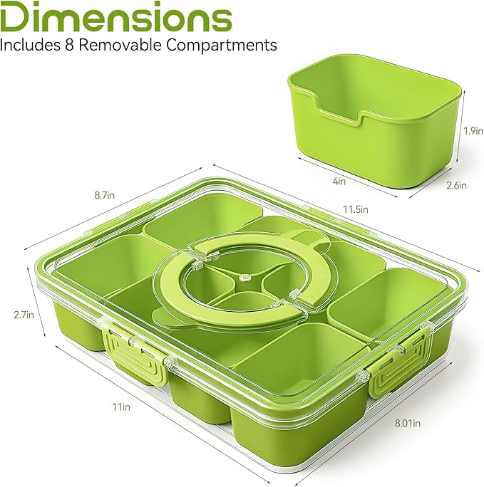 Snackle Box Container, Divided Serving Tray with Lid and Handl 8 Compartments Snacks Box,Candy Snack Fruit and Veggie Tray, Suitable for Picnics Trips Parties and Holidays