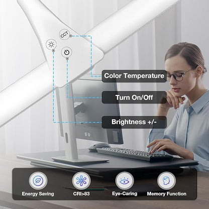 LED Desk Lamp with Clamp, Double Head Desk Light for Home Office, Dimmable Desktop Light, 12W 1400lm Eye-Caring Architect Table Lamp for Workbench Monitor Computer Reading Study, White