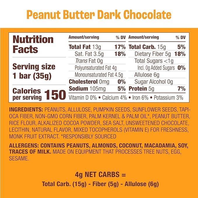 Munk Pack Peanut Butter Dark Chocolate Nut & Seed Snack Bars Stocking Stuffers | 5g Protein, 1g Sugar, 3g Net Carbs | Plant-Based, Low Sugar, Gluten-Free Snacks | 24 Count (4.92 oz)