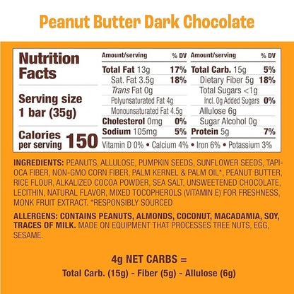 Munk Pack Peanut Butter Dark Chocolate Nut & Seed Snack Bars Stocking Stuffers | 5g Protein, 1g Sugar, 3g Net Carbs | Plant-Based, Low Sugar, Gluten-Free Snacks | 24 Count (4.92 oz)