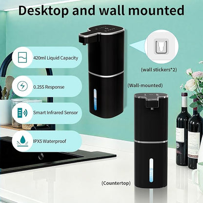 Automatic Soap Dispenser Touchless, Wall Mounted Smart Soap Dispenser, USB Rechargeable, 4 Adjustable Levels, 14.2oz / 420ml Large Capacity, for Bathroom, Kitchen, School (Black, Liquid)
