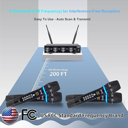 Pro Rechargeable Wireless Microphone System 4 Channel, UHF Metal Handheld Wireless Microphones Cordless Mics with Echo Treble BASS VOL Channel Control for Karaoke Singing Church(GT-200)
