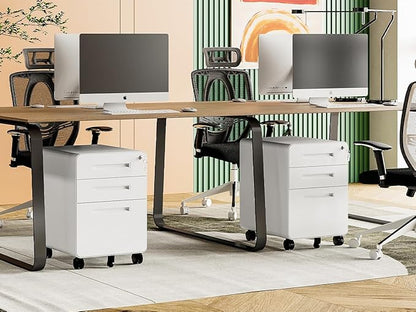 MIIIKO Mobile Filing Cabinet 3 Drawer, White Small File Cabinet with Lock Under Desk, Filing Cabinets for Home Office with Wheels, A4/Letter/Legal Hanging File Folders