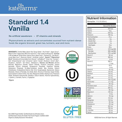 KATE FARMS Organic 1.4 High Calorie Nutrition Shake, Vanilla, 20g Protein, 27 Vitamins and Minerals, Meal Replacement, 11 oz (6 Pack)
